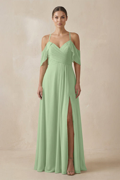 Matcha Chiffon A-Line Long Bridesmaid Dress | KISSBRIDAL