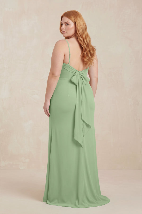 Matcha Cowl Neck Sheath Chiffon Bridesmaid Dress with Corset (2) | KISSBRIDAL