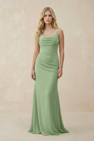 Matcha Cowl Neck Sheath Chiffon Bridesmaid Dress with Corset | KISSBRIDAL