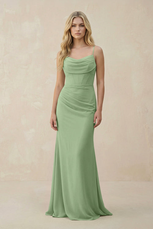Matcha Cowl Neck Sheath Chiffon Bridesmaid Dress with Corset | KISSBRIDAL