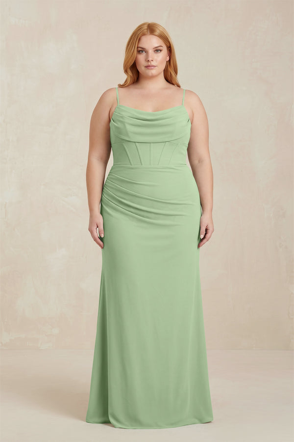 Matcha Cowl Neck Sheath Chiffon Bridesmaid Dress with Corset | KISSBRIDAL