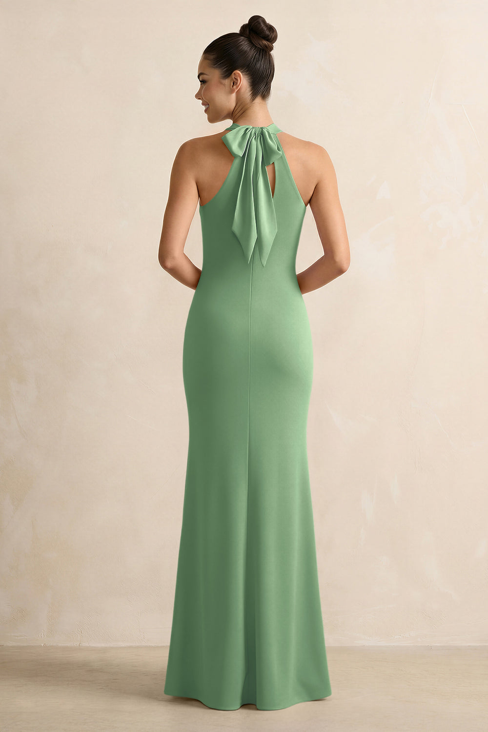 Crisscross Halter Sheath Satin Bridesmaid Dress with Bow in Matcha