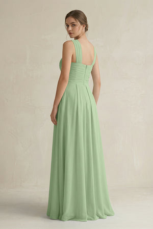Matcha Cross Halter Chiffon A-Line Pleated Bridesmaid Dress (2) | KISSBRIDAL