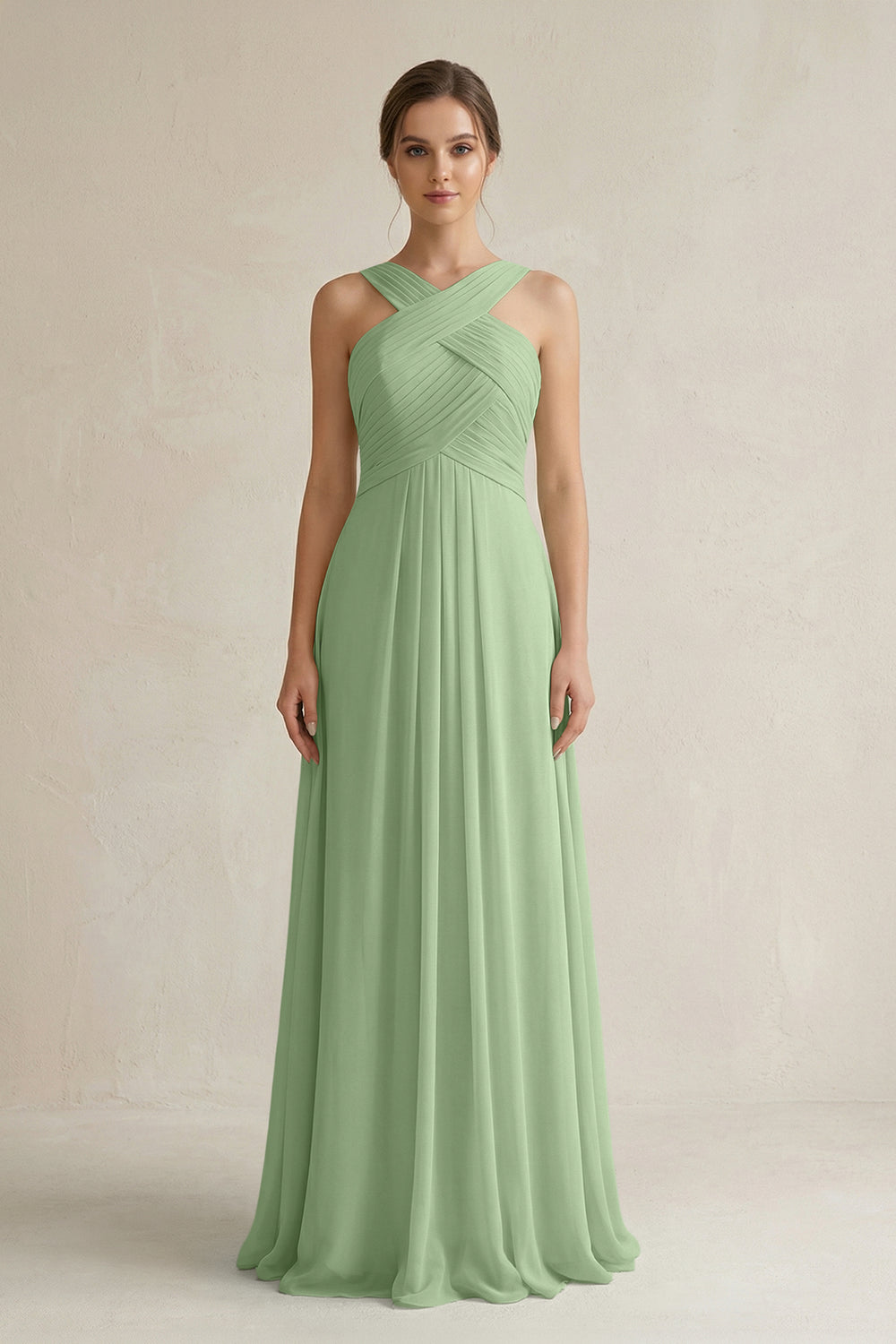 Cross Halter Chiffon A-Line Pleated Bridesmaid Dress in Matcha