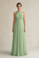 Matcha Cross Halter Chiffon A-Line Pleated Bridesmaid Dress | KISSBRIDAL