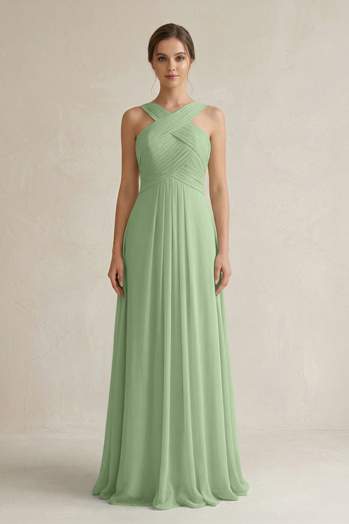 Matcha Cross Halter Chiffon A-Line Pleated Bridesmaid Dress | KISSBRIDAL