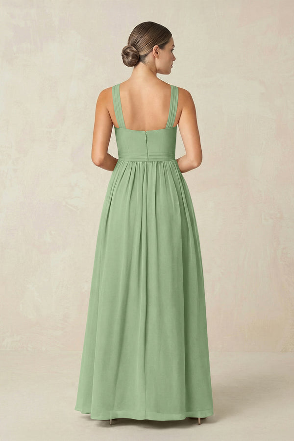 Matcha Cross Halter Neck Chiffon A-Line Bridesmaid Dress With Slit (2) | KISSBRIDAL
