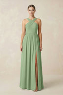 Matcha Cross Halter Neck Chiffon A-Line Bridesmaid Dress With Slit | KISSBRIDAL