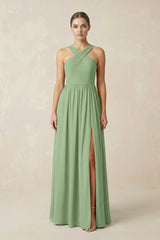 Matcha Cross Halter Neck Chiffon A-Line Bridesmaid Dress With Slit | KISSBRIDAL