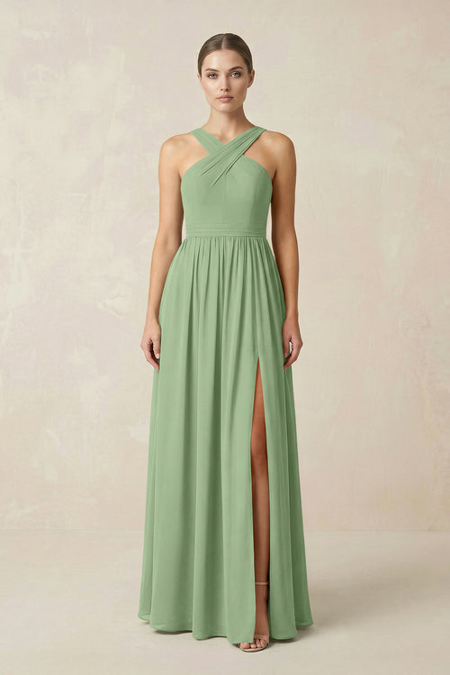 Matcha Cross Halter Neck Chiffon A-Line Bridesmaid Dress With Slit | KISSBRIDAL