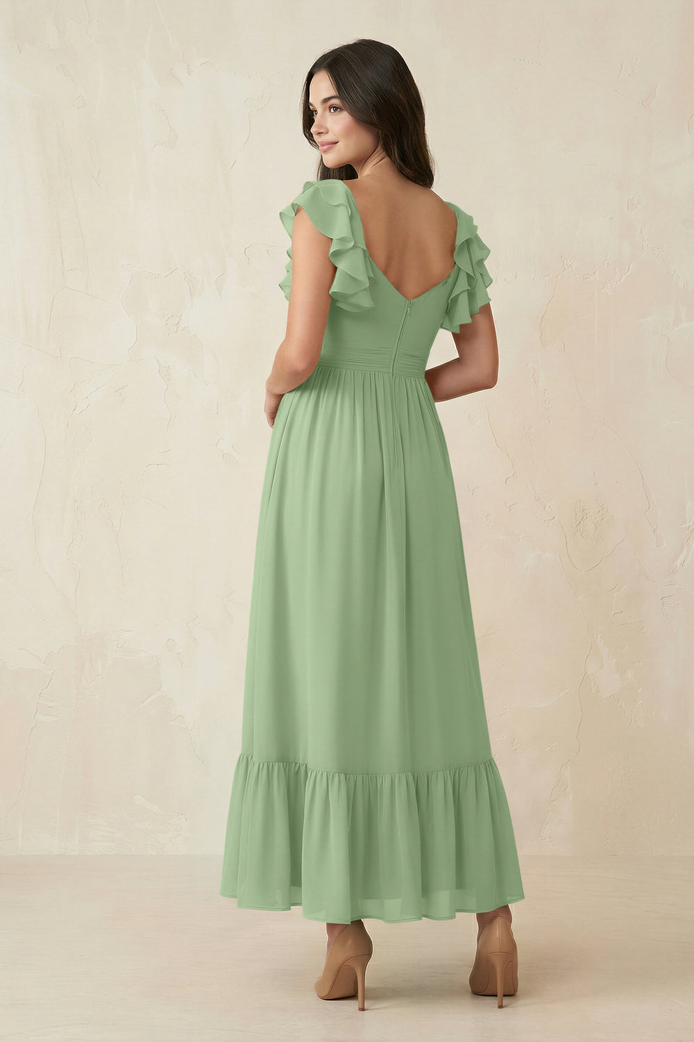Flutter Sleeve Sweetheart A-Line Chiffon Bridesmaid Dress in Matcha