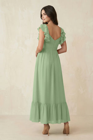 Matcha Flutter Sleeve Sweetheart A-Line Chiffon Bridesmaid Dress (2) | KISSBRIDAL