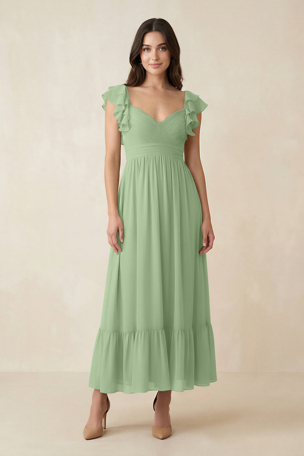 Flutter Sleeve Sweetheart A-Line Chiffon Bridesmaid Dress in Matcha