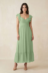 Matcha Flutter Sleeve Sweetheart A-Line Chiffon Bridesmaid Dress | KISSBRIDAL