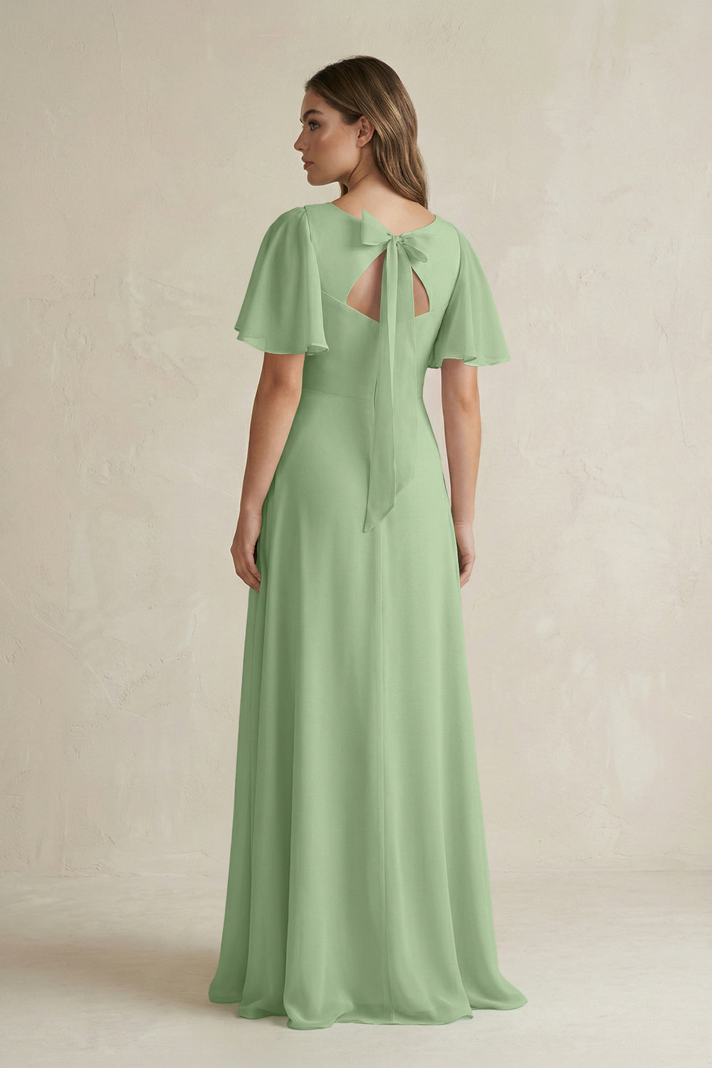 Flutter Sleeve V-Neck A-Line Chiffon Bridesmaid Dress in Matcha