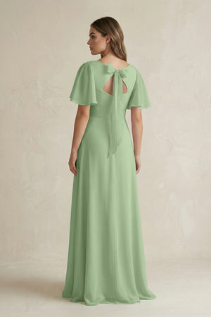 Matcha Flutter Sleeve V-Neck A-Line Chiffon Bridesmaid Dress (2) | KISSBRIDAL