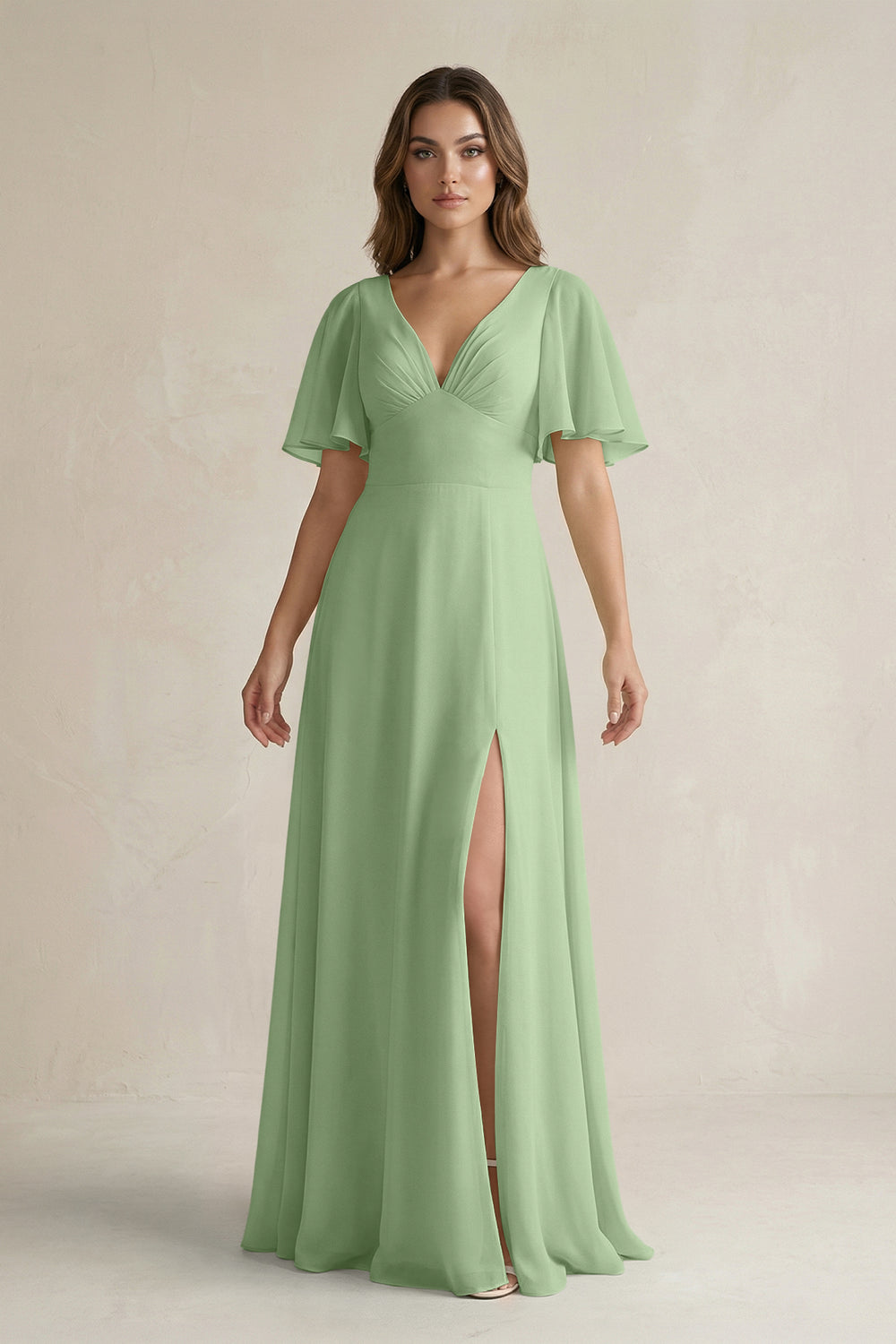 Flutter Sleeve V-Neck A-Line Chiffon Bridesmaid Dress in Matcha