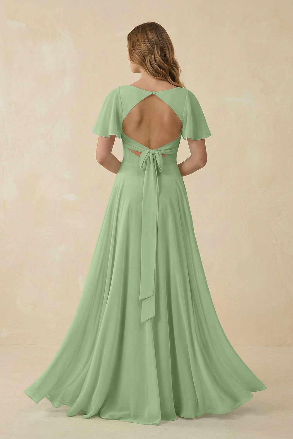 Flutter Sleeve V-Neck Chiffon A-Line Bridesmaid Dress in Matcha