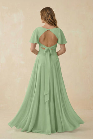 Matcha Flutter Sleeve V-Neck Chiffon A-Line Bridesmaid Dress (2) | KISSBRIDAL