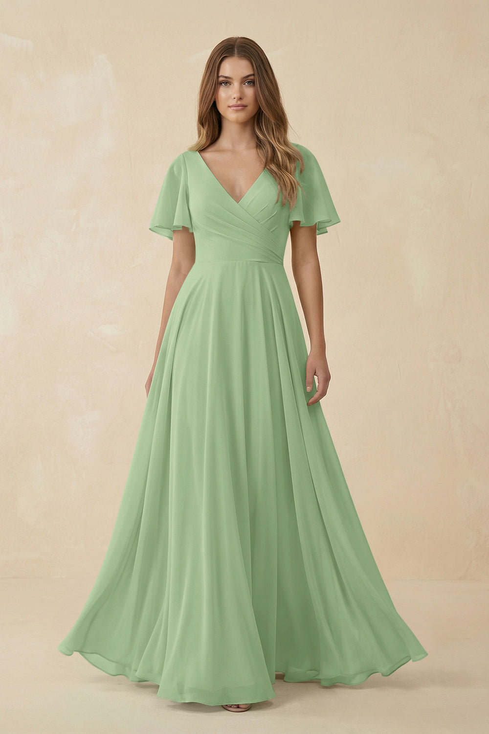 Flutter Sleeve V-Neck Chiffon A-Line Bridesmaid Dress in Matcha