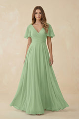 Matcha Flutter Sleeve V-Neck Chiffon A-Line Bridesmaid Dress | KISSBRIDAL