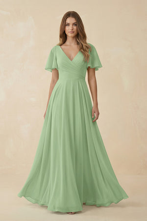 Matcha Flutter Sleeve V-Neck Chiffon A-Line Bridesmaid Dress | KISSBRIDAL
