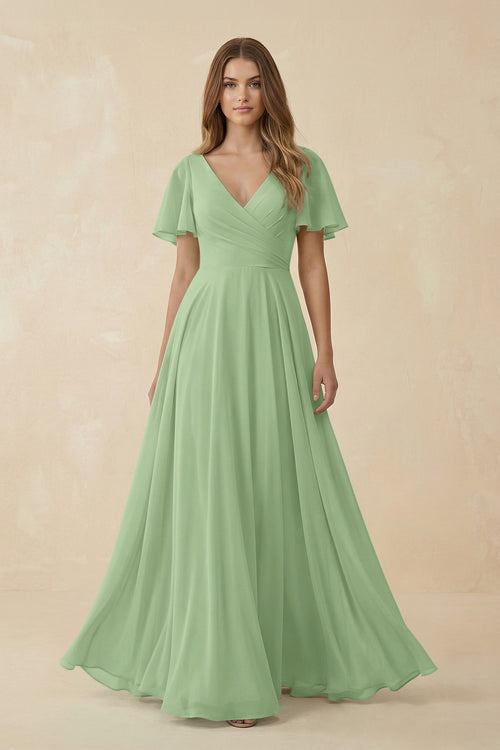 Matcha Flutter Sleeve V-Neck Chiffon A-Line Bridesmaid Dress | KISSBRIDAL
