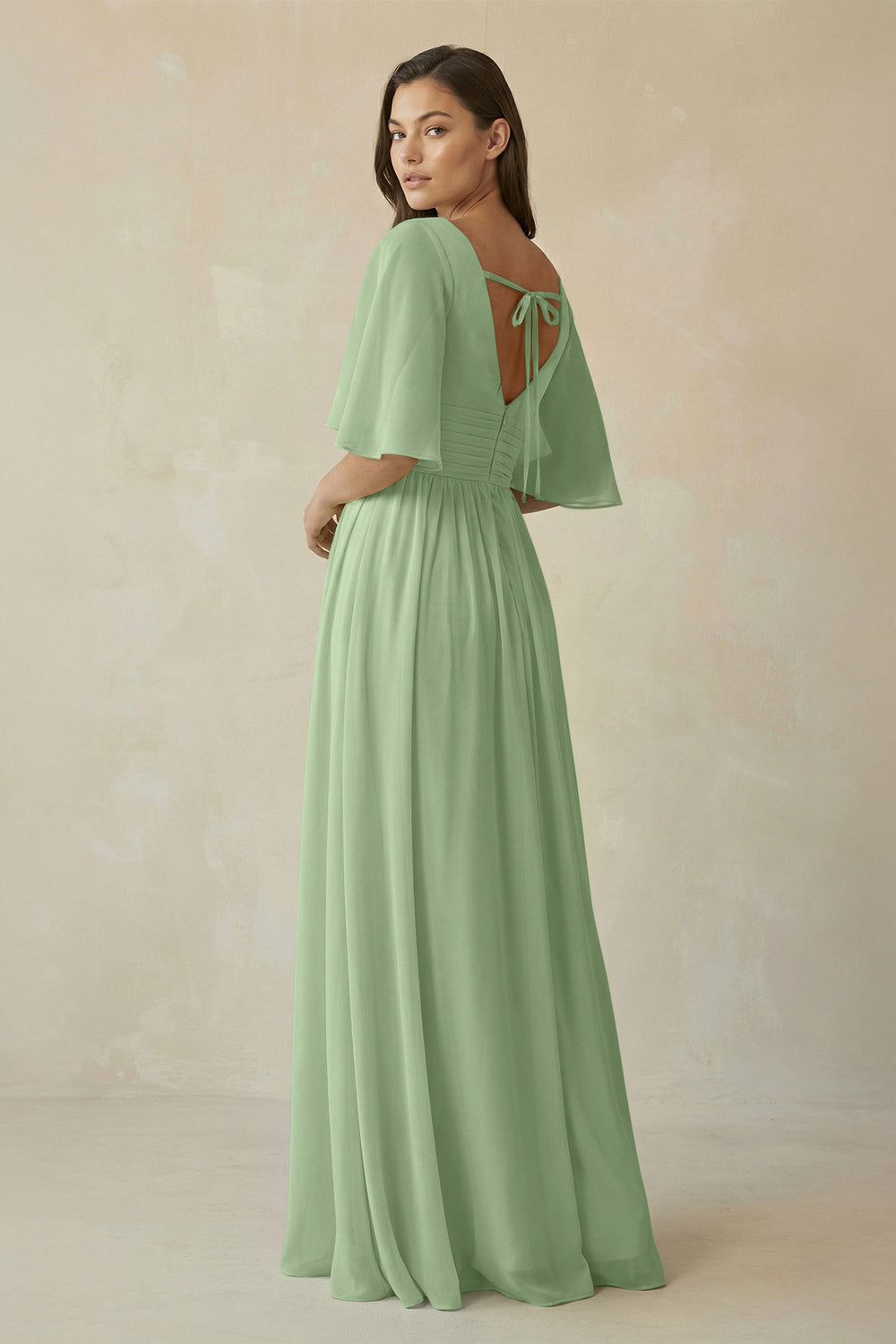 Half Sleeve V-Neck A-Line Chiffon Bridesmaid Gown in Matcha