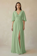Matcha Half Sleeve V-Neck A-Line Chiffon Bridesmaid Gown | KISSBRIDAL