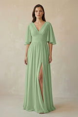 Matcha Half Sleeve V-Neck A-Line Chiffon Bridesmaid Gown | KISSBRIDAL