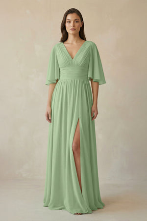 Matcha Half Sleeve V-Neck A-Line Chiffon Bridesmaid Gown | KISSBRIDAL