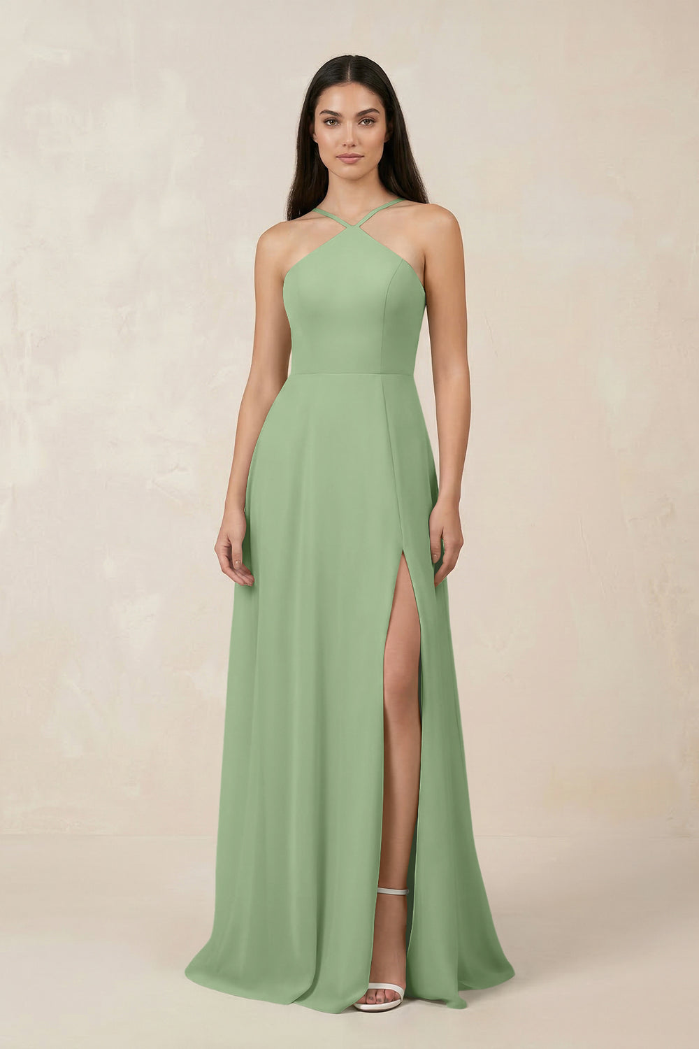 Halter Chiffon A-Line Bridesmaid Dress With Slit in Matcha