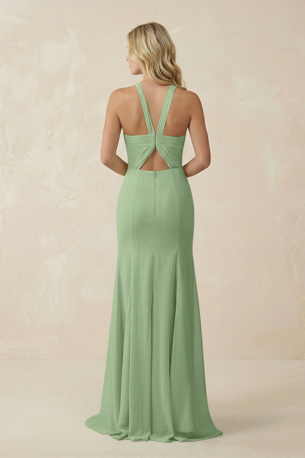 Halter Chiffon Mermaid Ruched Bridesmaid Dress in Matcha