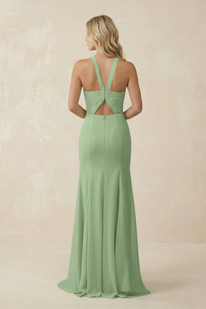 Matcha Halter Chiffon Mermaid Ruched Bridesmaid Dress (2) | KISSBRIDAL