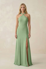 Matcha Halter Chiffon Mermaid Ruched Bridesmaid Dress | KISSBRIDAL