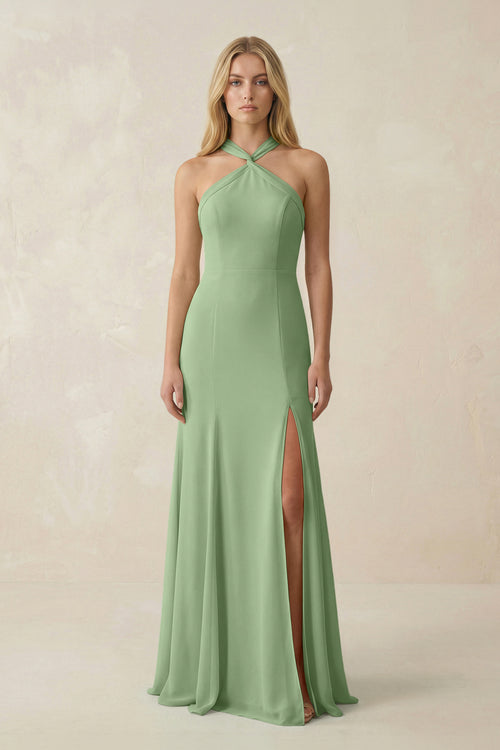 Matcha Halter Chiffon Mermaid Ruched Bridesmaid Dress | KISSBRIDAL