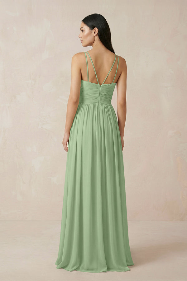Matcha Halter Neck A-Line Chiffon Bridesmaid Dress (2) | KISSBRIDAL