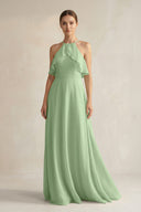 Matcha Halter Neck A-Line Chiffon Bridesmaid Dress with Keyhole | KISSBRIDAL