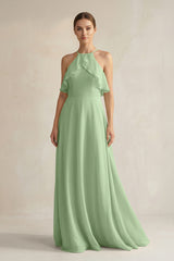 Matcha Halter Neck A-Line Chiffon Bridesmaid Dress with Keyhole | KISSBRIDAL