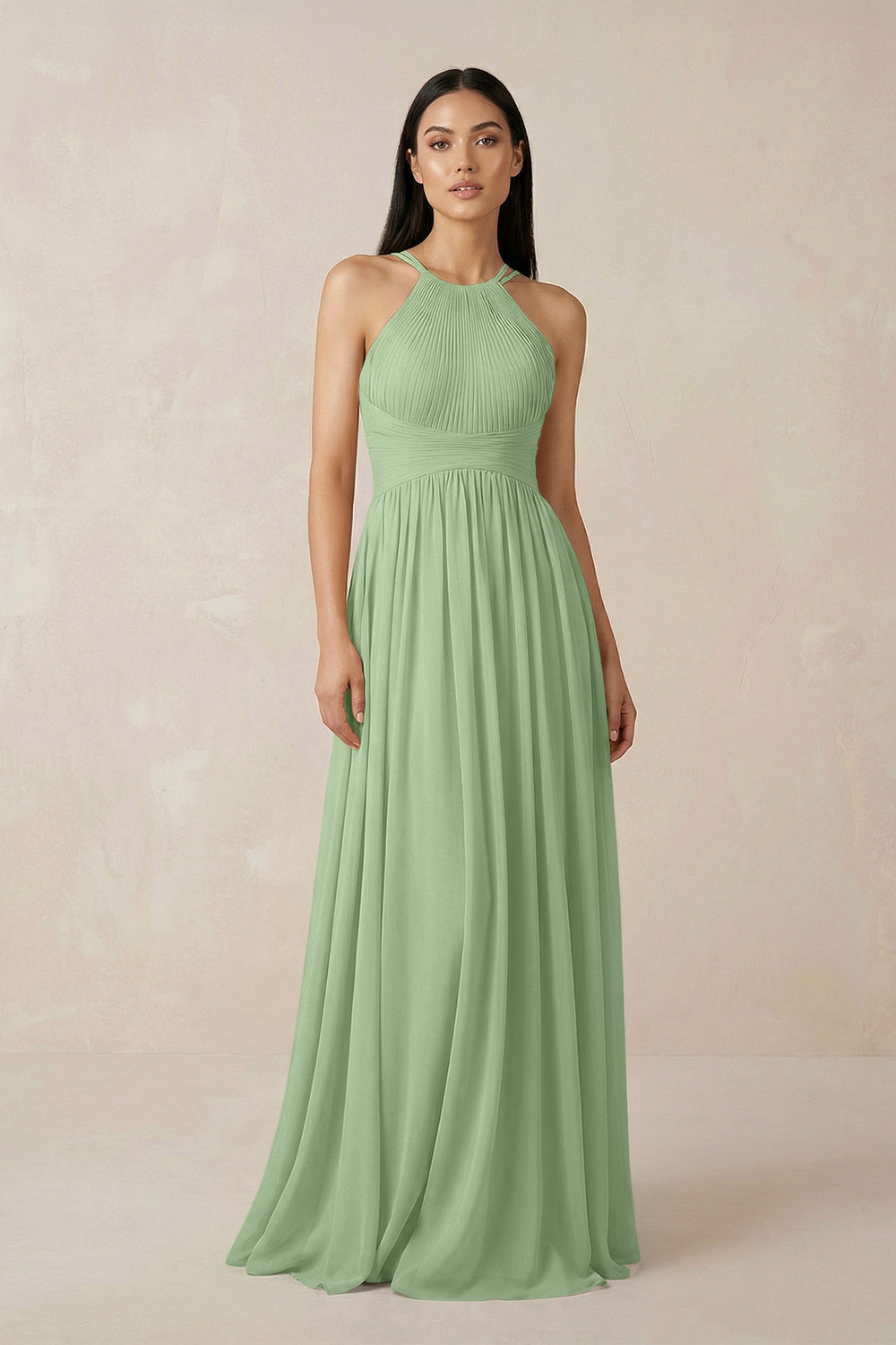Halter Neck A-Line Chiffon Bridesmaid Dress in Matcha