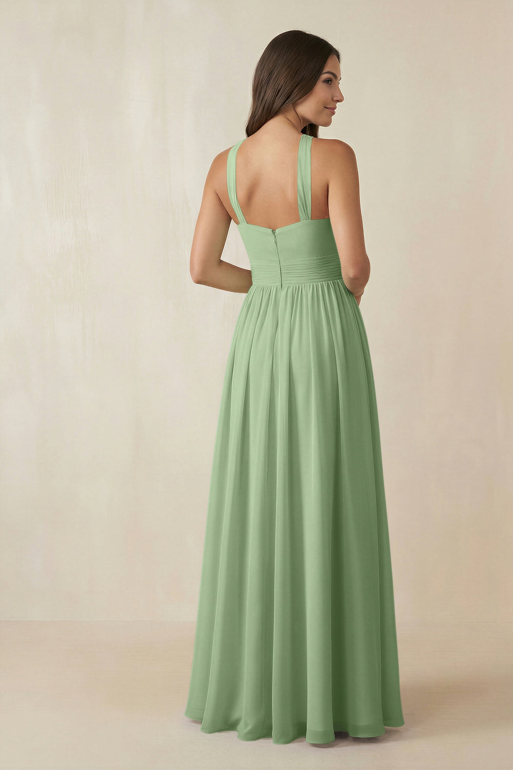 Halter Neck Ruched A-Line Chiffon Bridesmaid Dress in Matcha