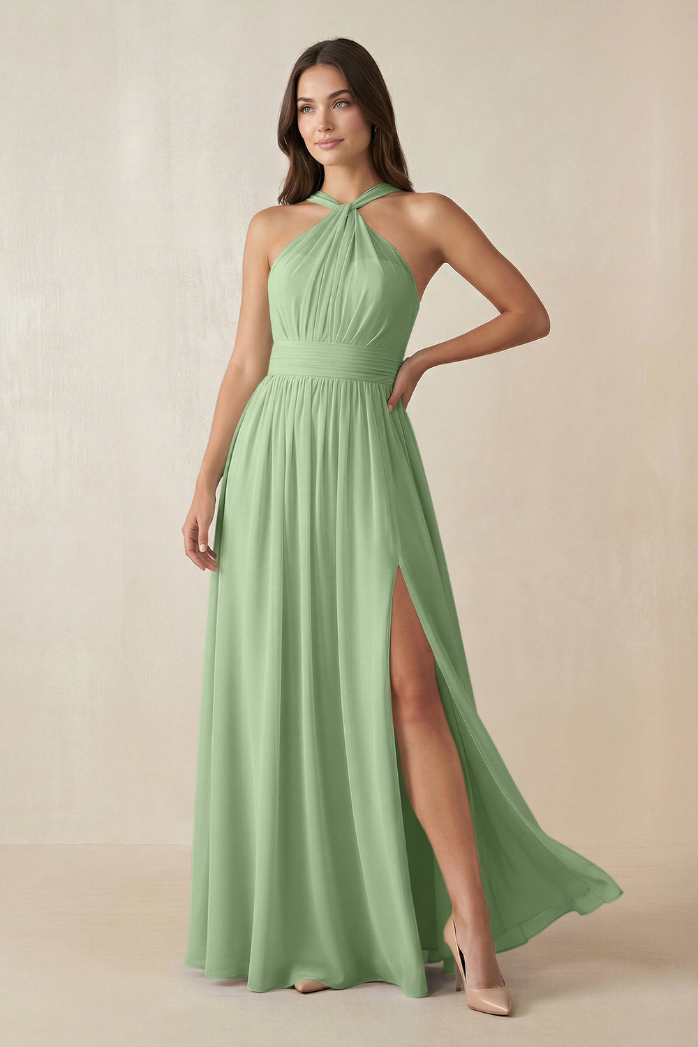 Halter Neck Ruched A-Line Chiffon Bridesmaid Dress in Matcha