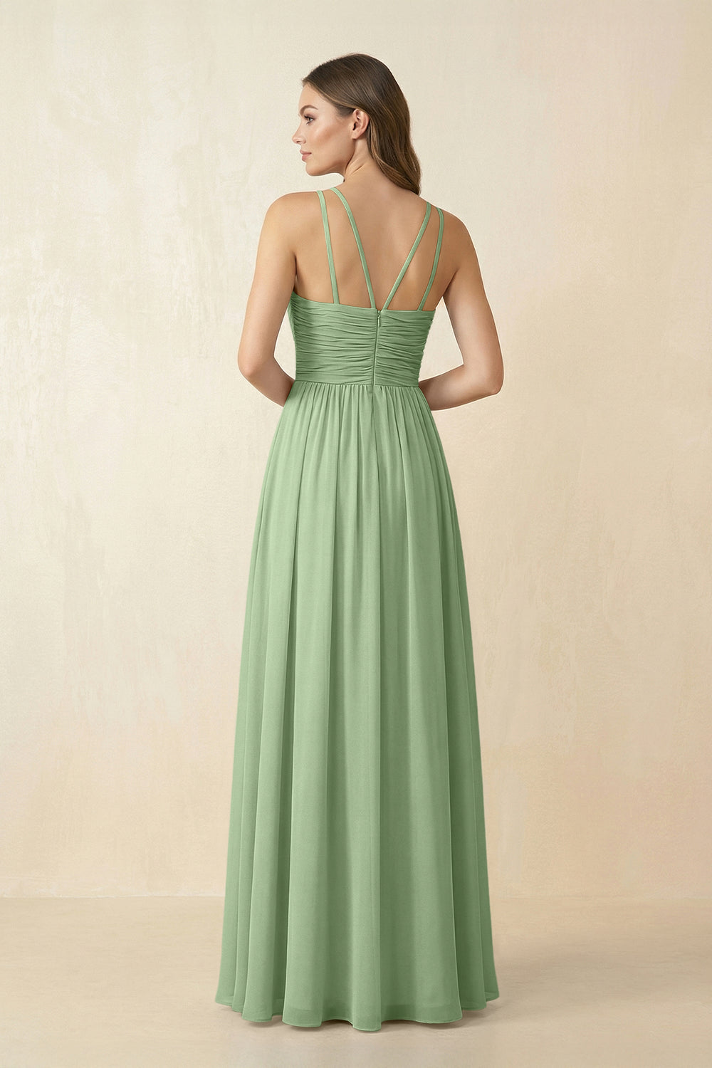 Halter Pleated A-Line Chiffon Bridesmaid Dress in Matcha