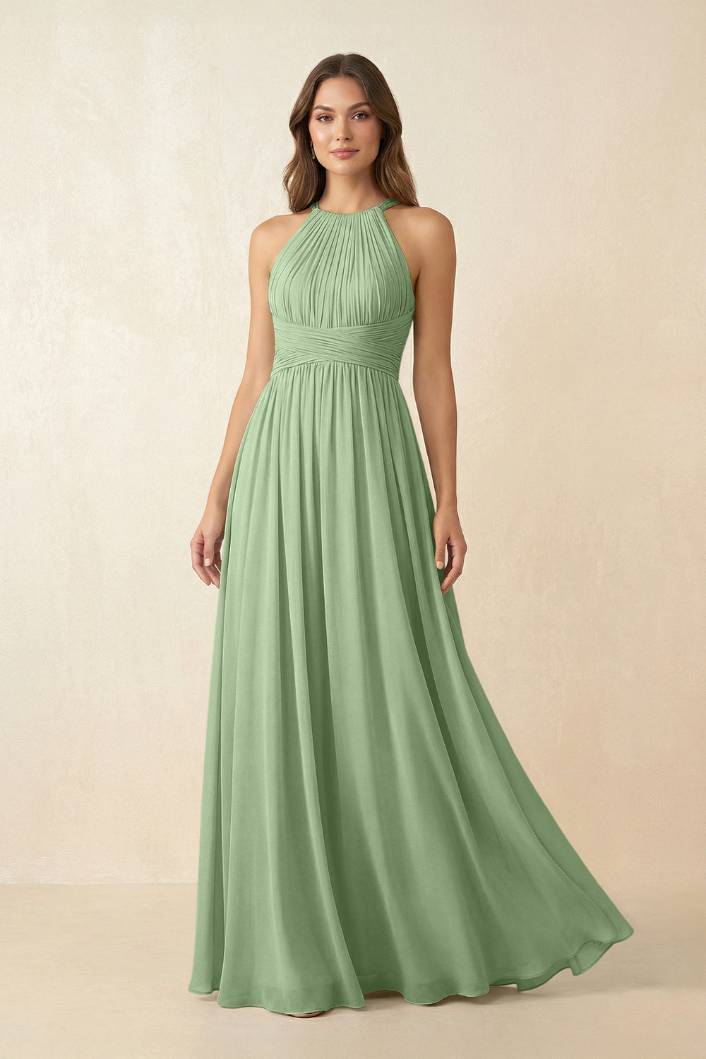 Halter Pleated A-Line Chiffon Bridesmaid Dress in Matcha