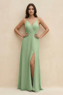 Matcha Halter Sheath Long Chiffon Bridesmaid Dress | KISSBRIDAL