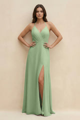 Matcha Halter Sheath Long Chiffon Bridesmaid Dress | KISSBRIDAL