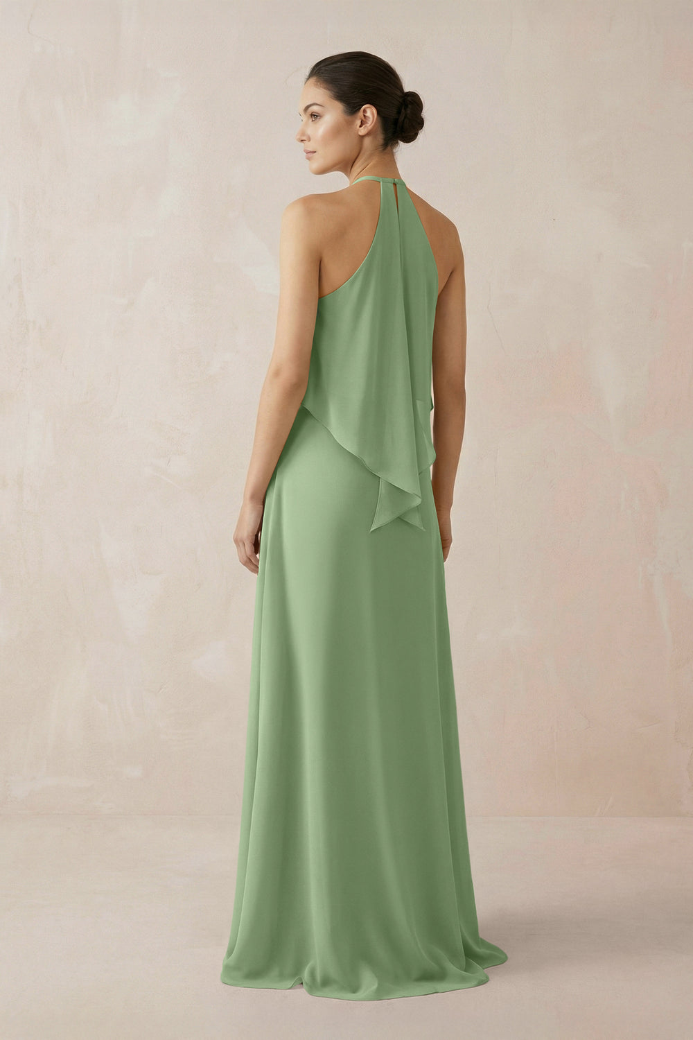 Halter Sheath Ruffled Chiffon Bridesmaid Dress in Matcha