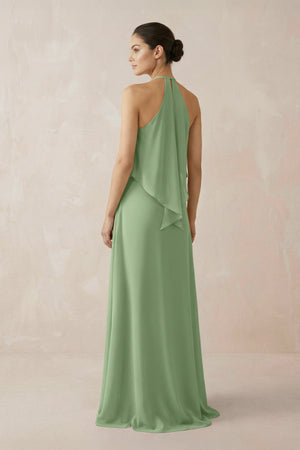 Matcha Halter Sheath Ruffled Chiffon Bridesmaid Dress (2) | KISSBRIDAL