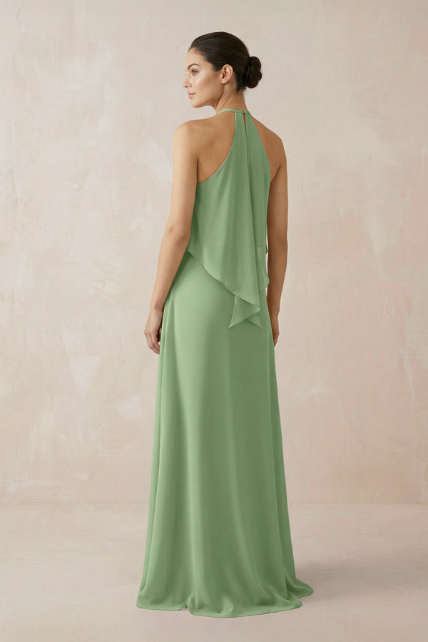 Matcha Halter Sheath Ruffled Chiffon Bridesmaid Dress (2) | KISSBRIDAL