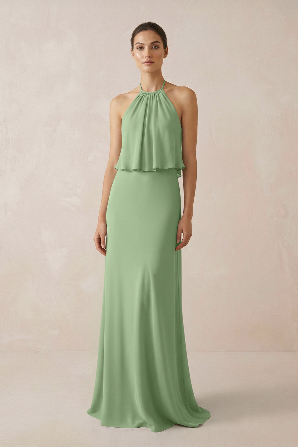 Halter Sheath Ruffled Chiffon Bridesmaid Dress in Matcha